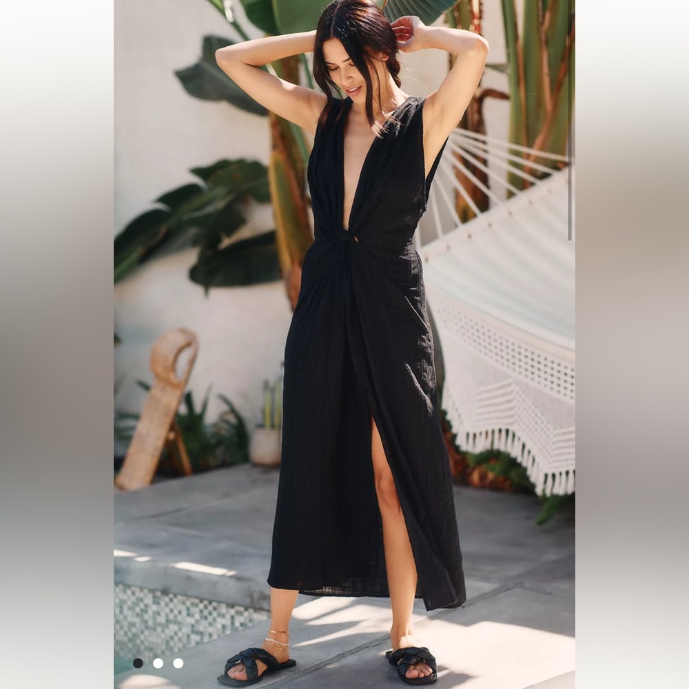 LSPACE Down The Line Cover-Up Dress Black Embroidered Gauze Maxi Length Medium